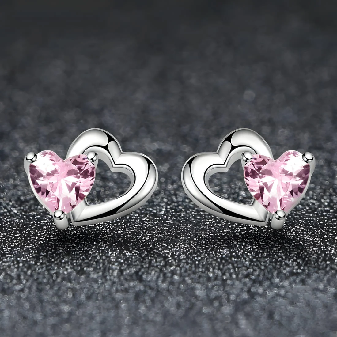 Pendientes de Botón Corazón Rosa <myexti><span>Plata de Ley 925, chapada en oro blanco, con circonitas en forma de corazón rosa</span></myexti> - Imagen 3