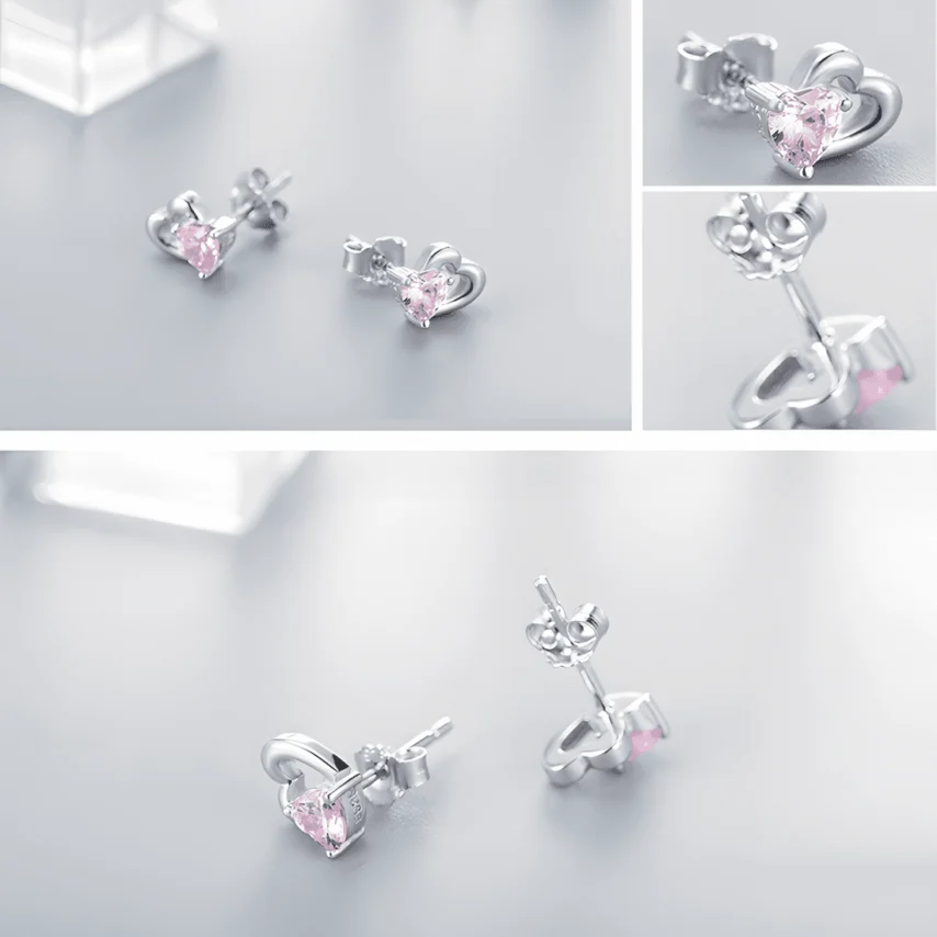 Pendientes de Botón Corazón Rosa <myexti><span>Plata de Ley 925, chapada en oro blanco, con circonitas en forma de corazón rosa</span></myexti> - Imagen 4