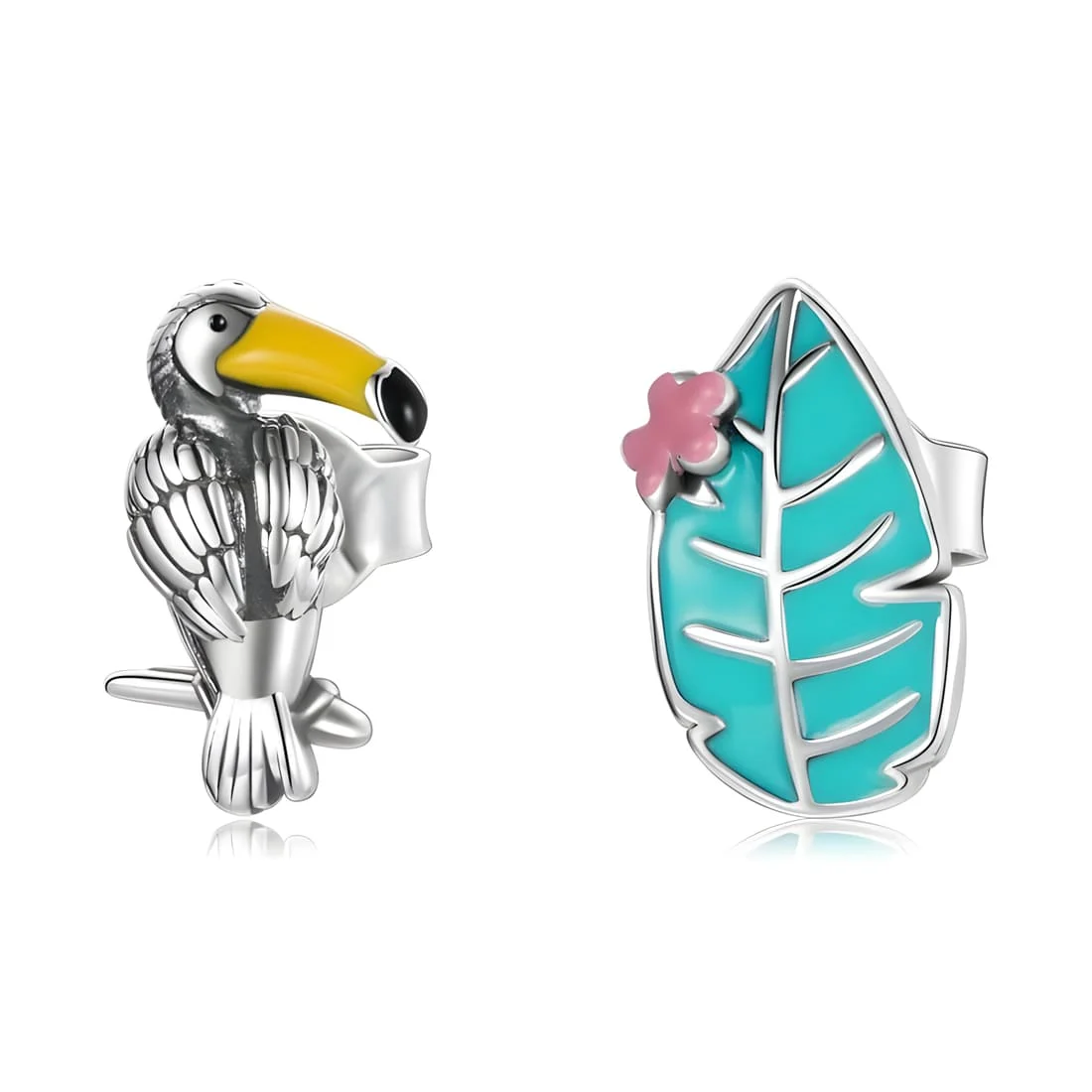 Pendientes de Tucán <myexti><span>Plata de Ley 925, chapada en oro blanco, asimétricos y esmaltados a mano</span></myexti>