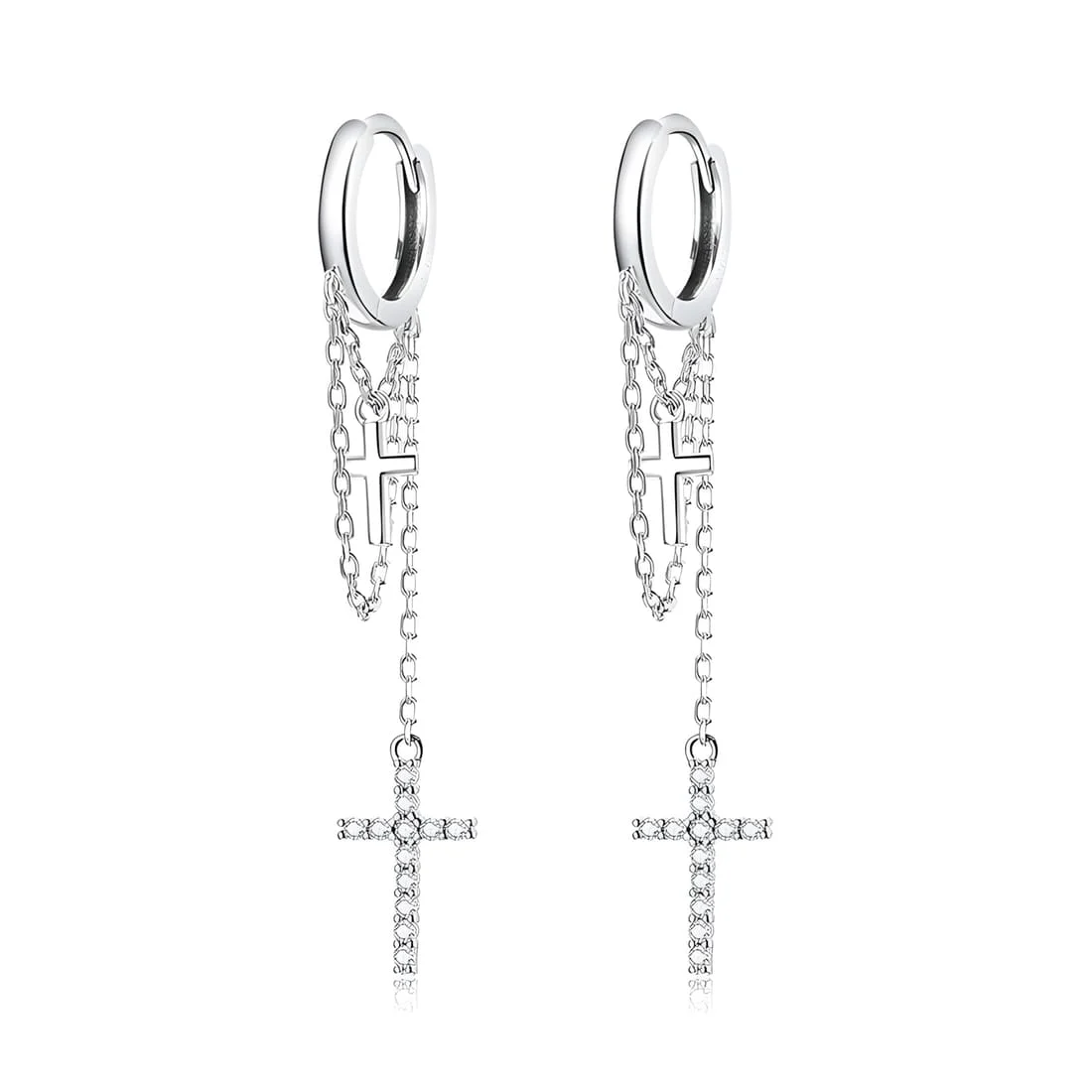 Pendientes de Aro Colgantes con Cruz <myexti><span>Plata de Ley 925, chapada en oro blanco, con circonitas y detalles de cadena</span></myexti>