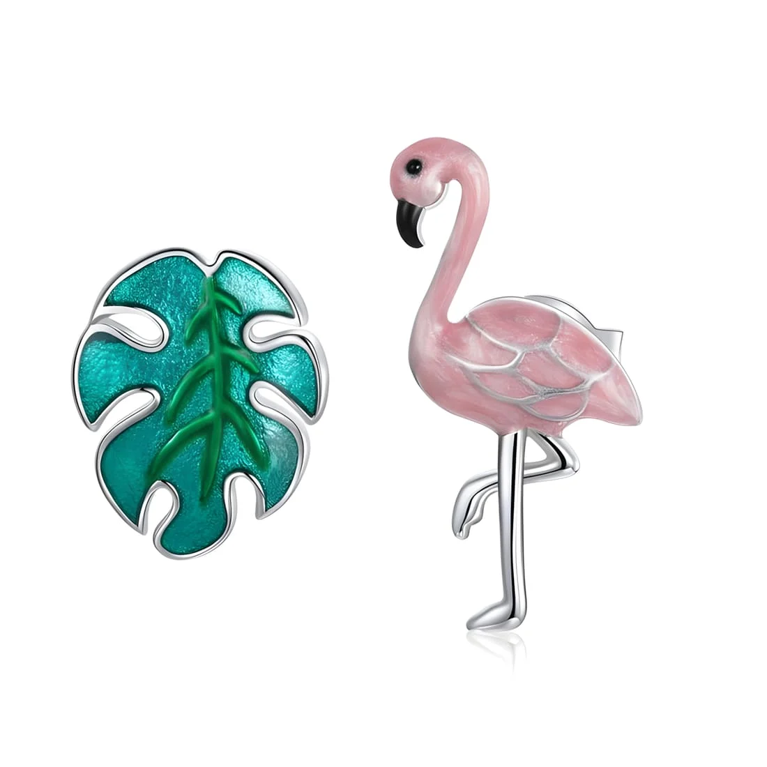 Pendientes de Flamenco <myexti><span>Plata de Ley 925, chapada en oro blanco, asimétricos con flamenco y hoja esmaltados a mano</span></myexti>