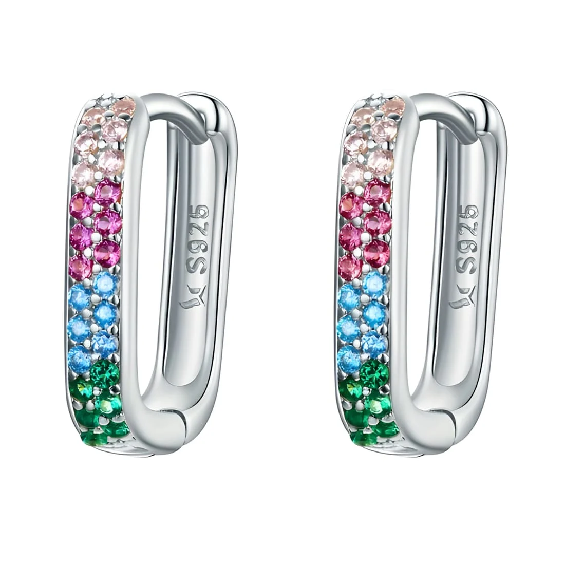 Pendientes de Aro Rectangular Arcoíris <myexti><span>Plata de Ley 925, chapada en oro blanco, con circonitas multicolores</span></myexti>