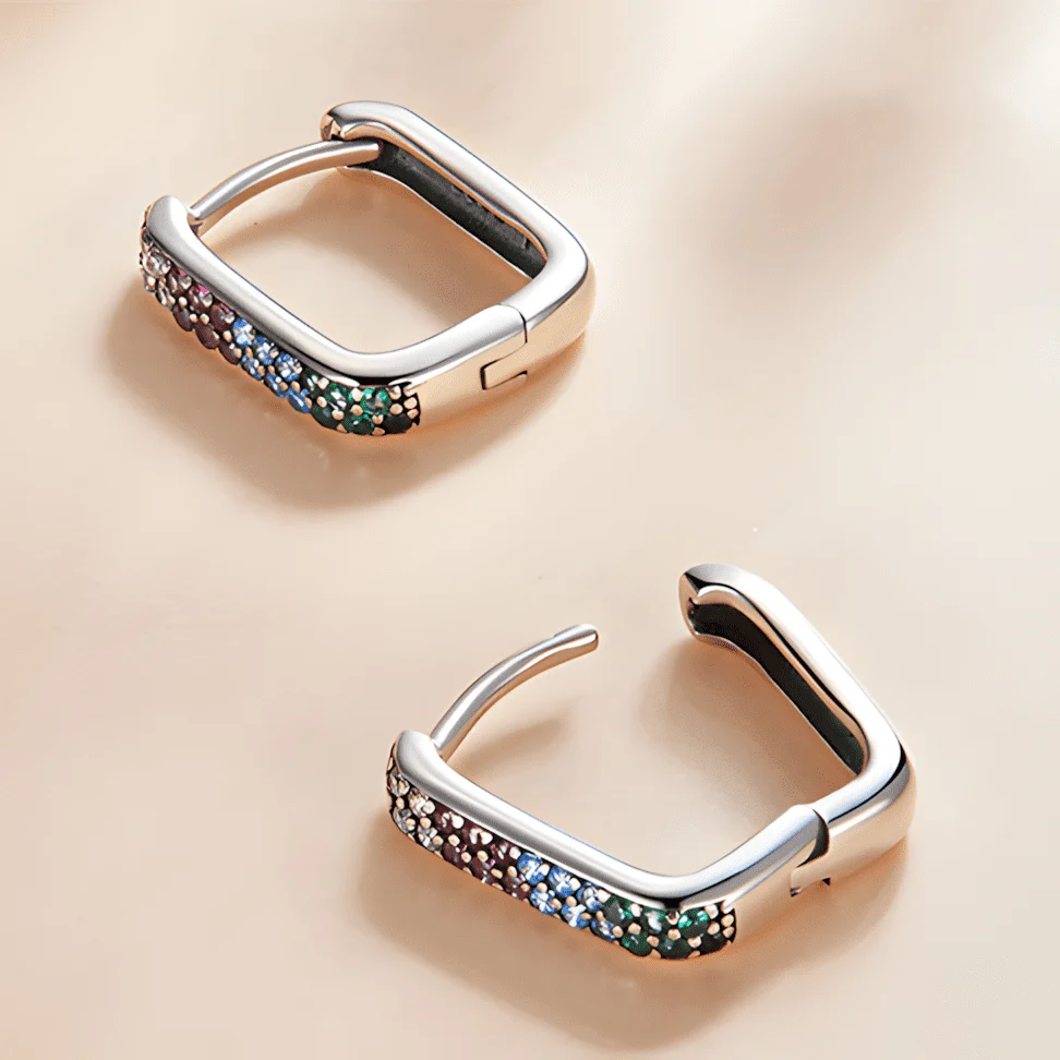 Pendientes de Aro Rectangular Arcoíris <myexti><span>Plata de Ley 925, chapada en oro blanco, con circonitas multicolores</span></myexti> - Imagen 3