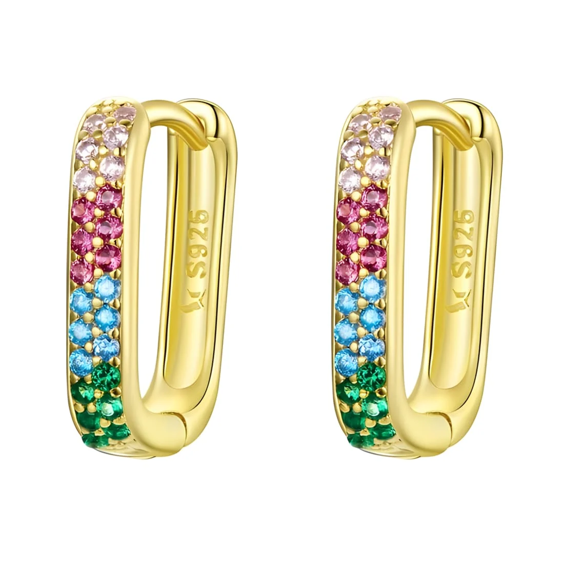 Pendientes de Aro Rectangular Arcoíris <myexti><span>Plata de Ley 925, chapada en oro amarillo, con circonitas multicolores</span></myexti>
