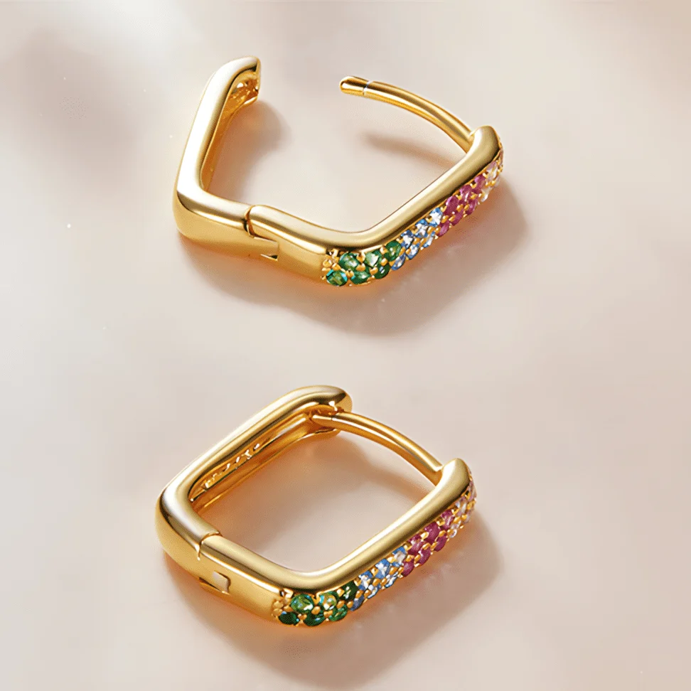 Pendientes de Aro Rectangular Arcoíris <myexti><span>Plata de Ley 925, chapada en oro amarillo, con circonitas multicolores</span></myexti> - Imagen 4