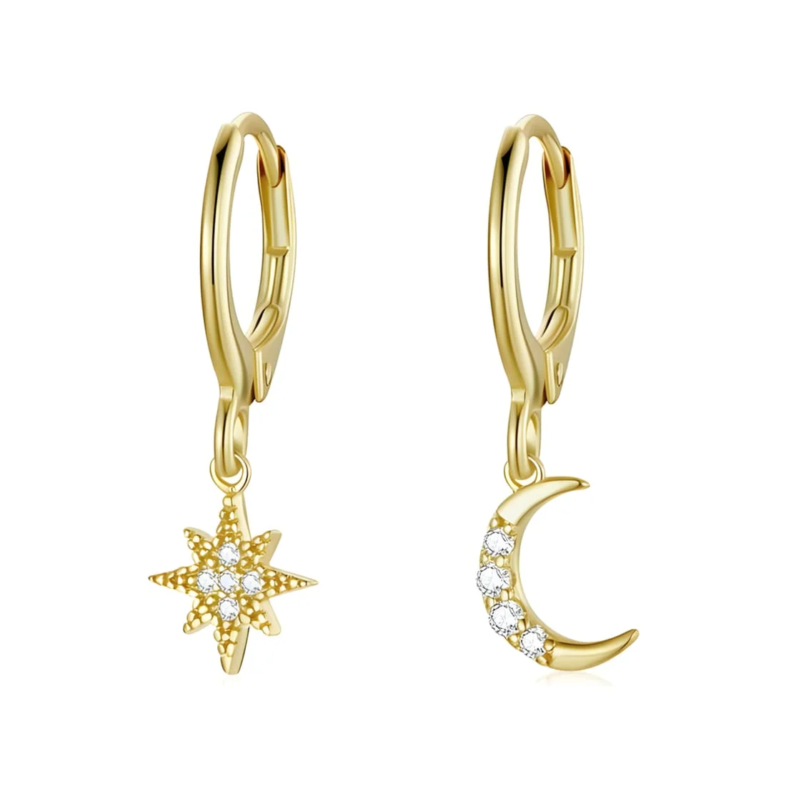 Pendientes Colgantes de Aro con Luna y Estrella <myexti><span>Plata de Ley 925, chapada en oro amarillo, con circonitas</span></myexti>
