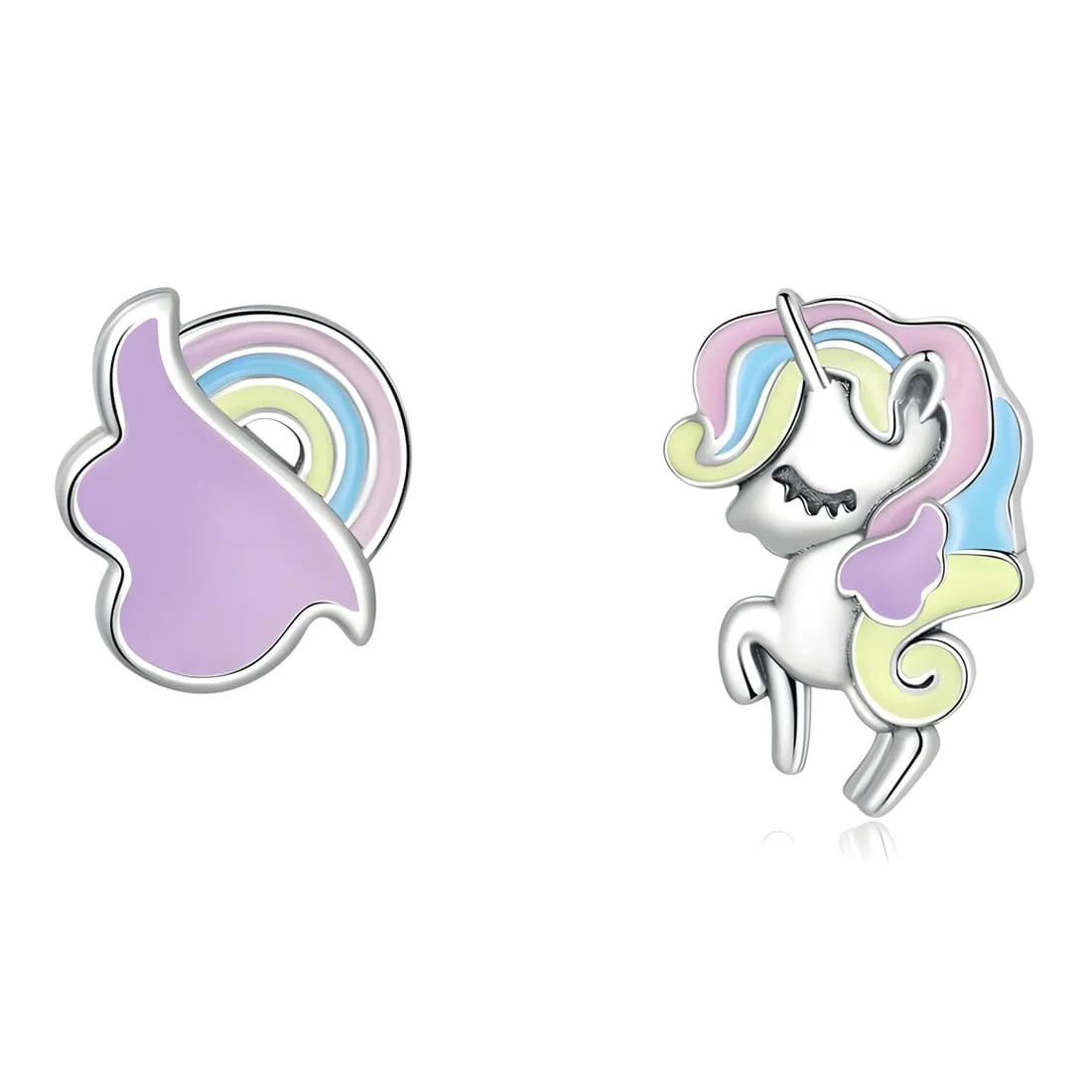 Pendientes de Unicornio Arcoíris <myexti><span>Plata de Ley 925, chapada en oro blanco, asimétricos y esmaltados a mano</span></myexti>