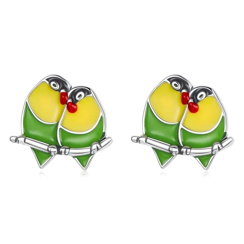 Pendientes de Loros Enamorados <myexti><span>Plata de Ley 925, chapada en oro blanco, esmaltados a mano</span></myexti>