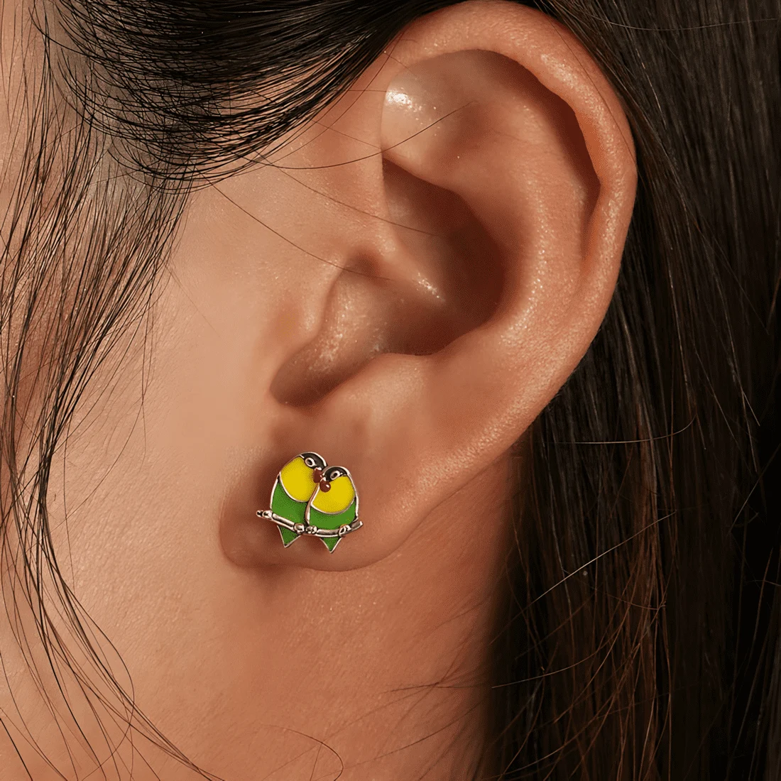 Pendientes de Loros Enamorados <myexti><span>Plata de Ley 925, chapada en oro blanco, esmaltados a mano</span></myexti> - Imagen 2