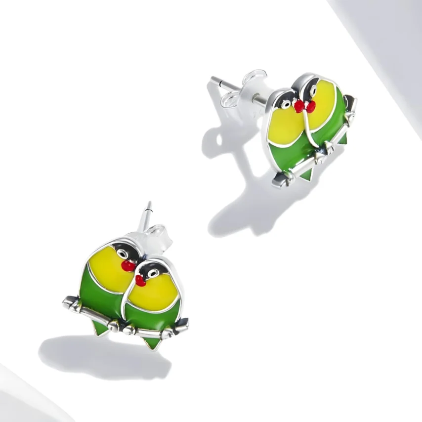 Pendientes de Loros Enamorados <myexti><span>Plata de Ley 925, chapada en oro blanco, esmaltados a mano</span></myexti> - Imagen 5