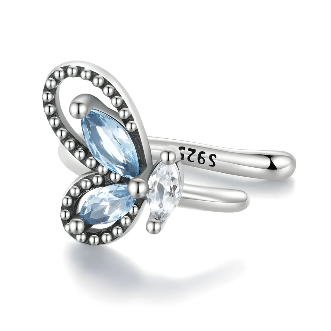 Puño para orejas Mariposa <myexti><span>Plata de Ley 925, chapada en oro blanco, con circonitas azul claro y blancas</span></myexti>