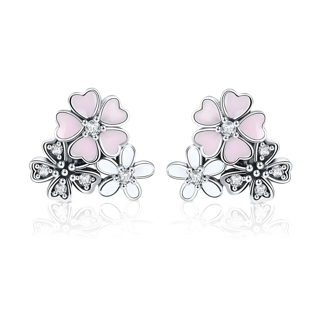 Pendientes de Botón con Flores <myexti><span>Plata de Ley 925, chapada en oro blanco, esmaltadas en rosa y blanco con circonitas</span></myexti>