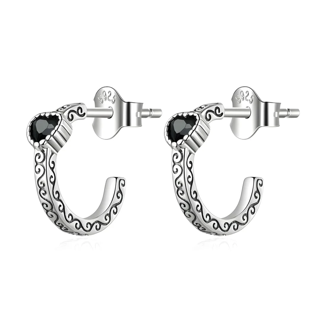 Pendientes de Aro con Corazón Negro <myexti><span>Plata de Ley 925, chapada en oro blanco, estilo gótico, con circonitas negras</span></myexti>