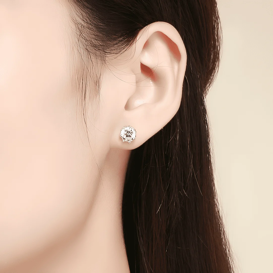 Pendientes de Botón Solitario <myexti><span>Plata de Ley 925, chapada en oro blanco, con circonitas redondas</span></myexti> - Imagen 2