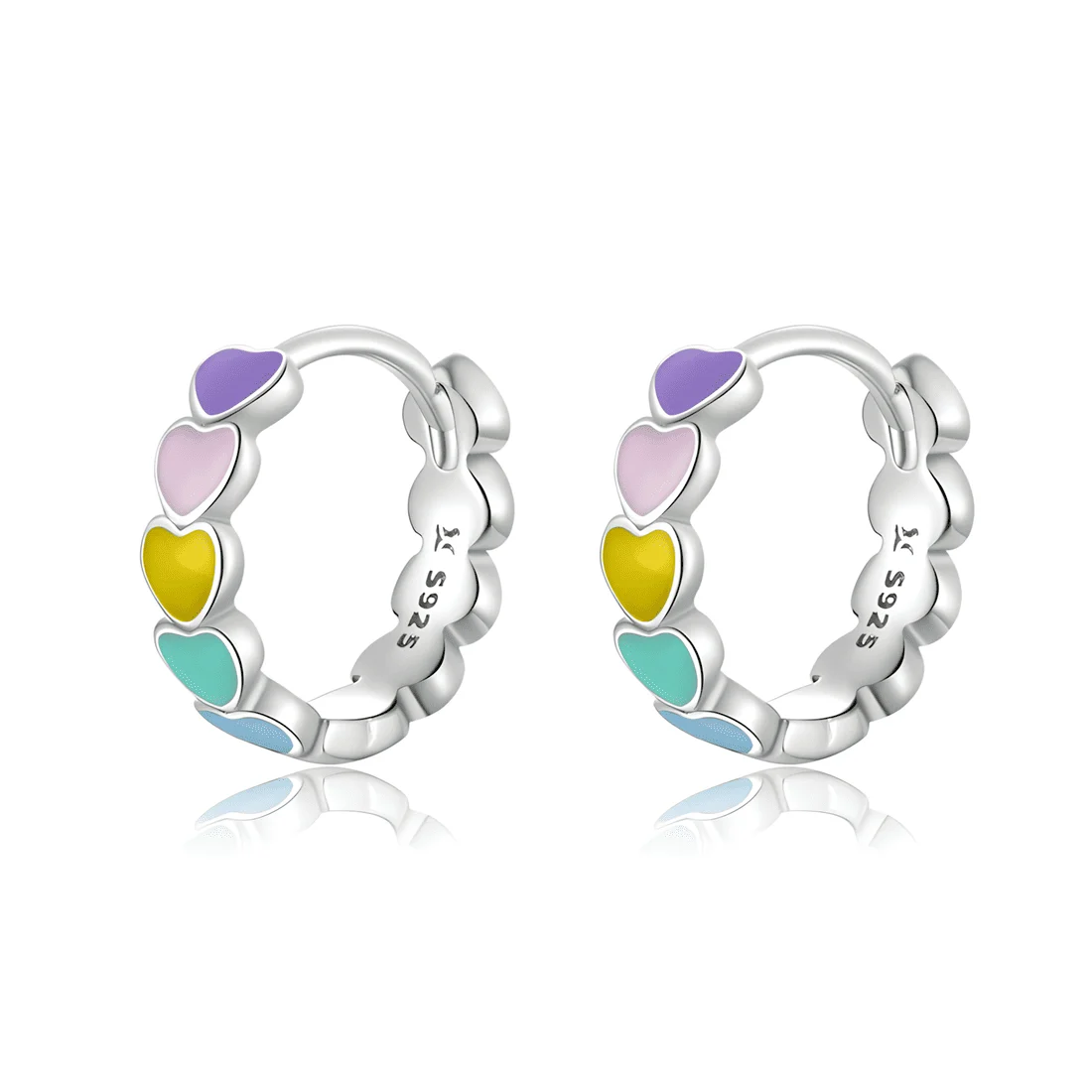 Pendientes de Aro con Corazones <myexti><span>Plata de Ley 925, chapada en oro blanco, esmaltados multicolor</span></myexti>