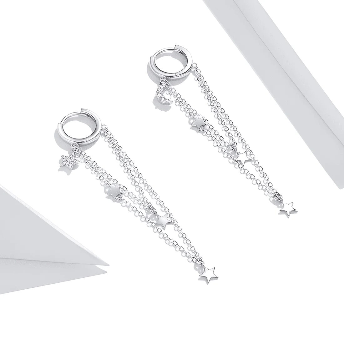 Pendientes Colgantes de Estrellas <myexti><span>Plata de Ley 925, chapada en oro blanco, con circonitas y detalles de cadena</span></myexti> - Imagen 3