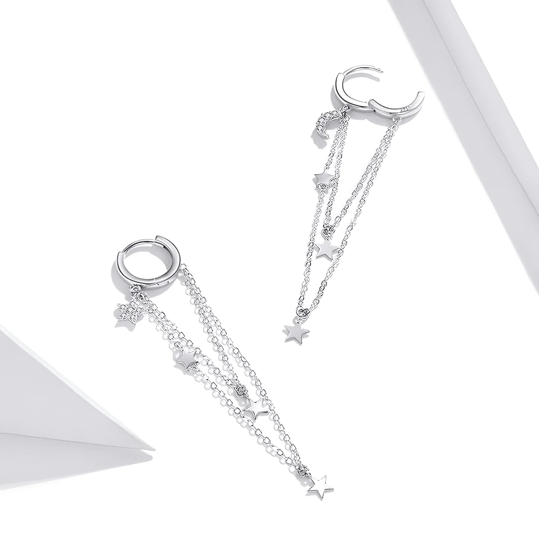 Pendientes Colgantes de Estrellas <myexti><span>Plata de Ley 925, chapada en oro blanco, con circonitas y detalles de cadena</span></myexti> - Imagen 5