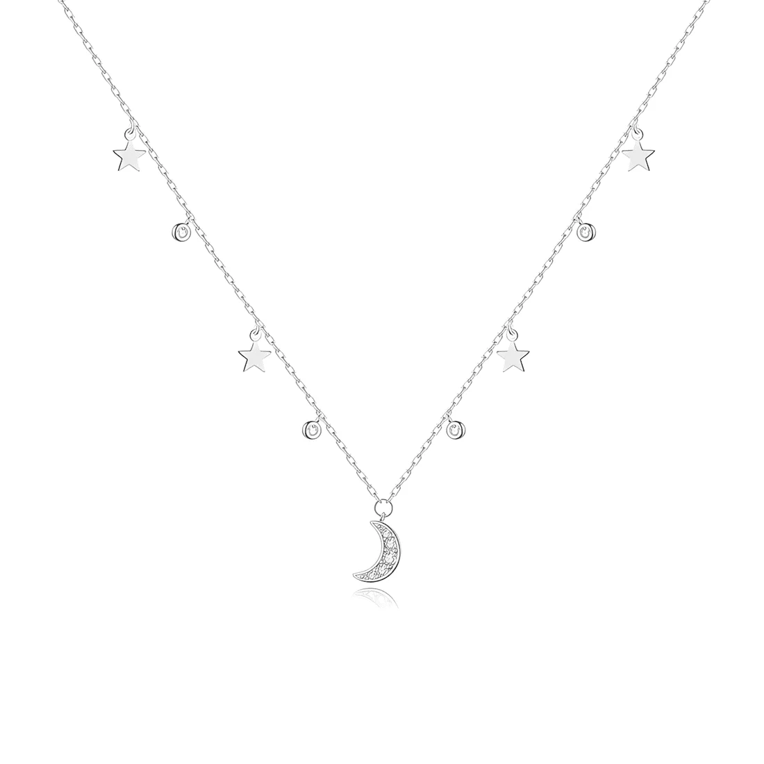 Collar de Luna y Estrellas <myexti><span>Plata de Ley 925, chapada en oro blanco, con circonitas y longitud ajustable</span></myexti>