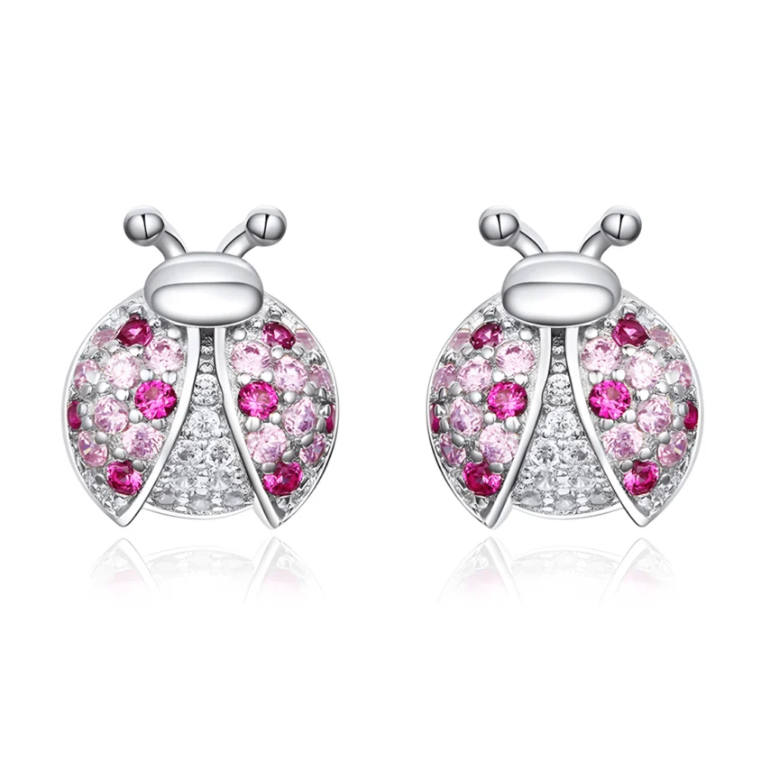 Pendientes de Botón Mariquitas <myexti><span>Plata de Ley 925, chapada en oro blanco, con circonitas rosas y blancas</span></myexti>
