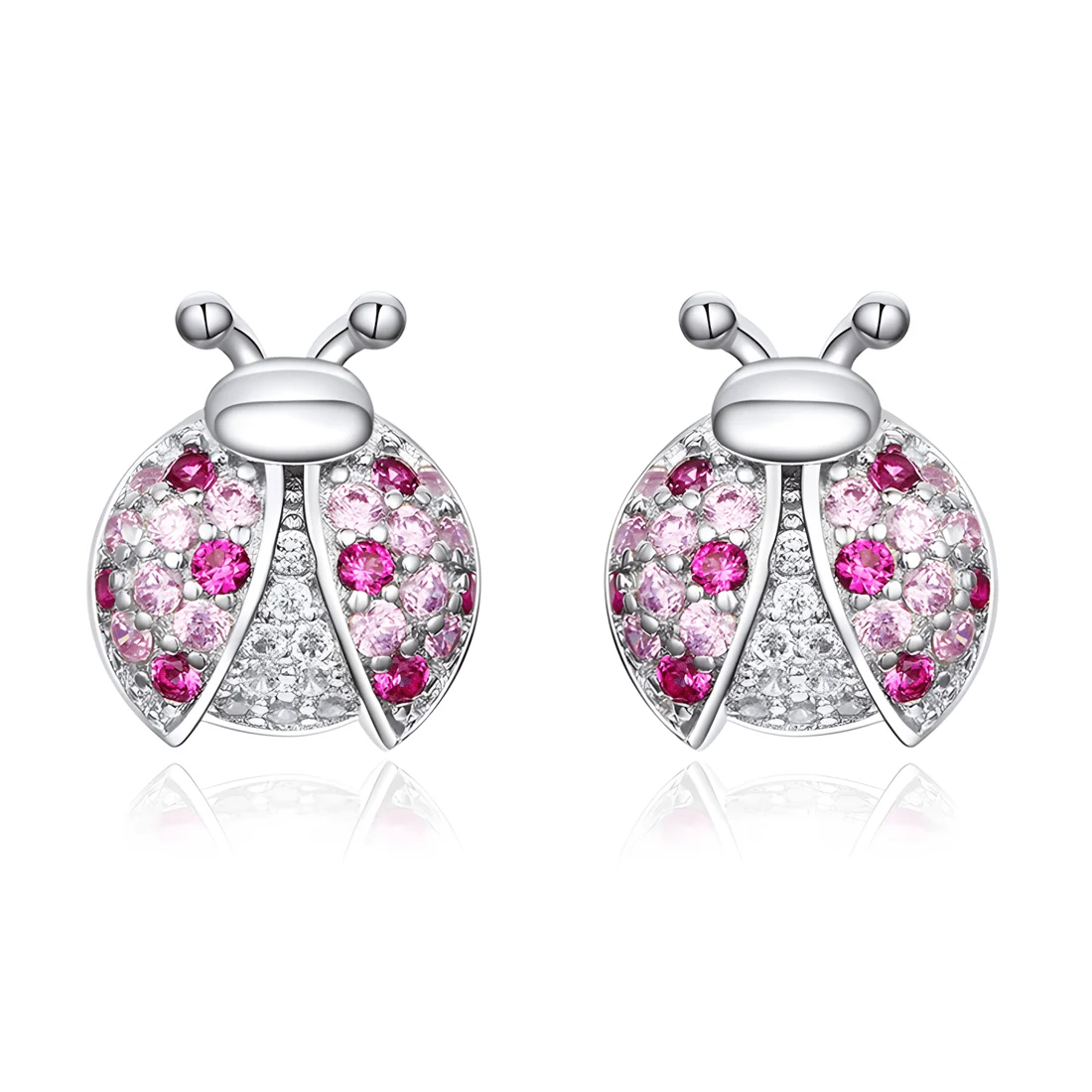 Pendientes de Botón Mariquitas <myexti><span>Plata de Ley 925, chapada en oro blanco, con circonitas rosas y blancas</span></myexti>