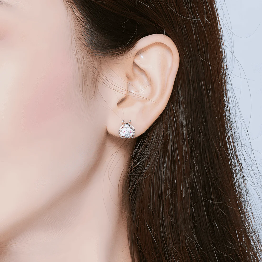 Pendientes de Botón Mariquitas <myexti><span>Plata de Ley 925, chapada en oro blanco, con circonitas rosas y blancas</span></myexti> - Imagen 2