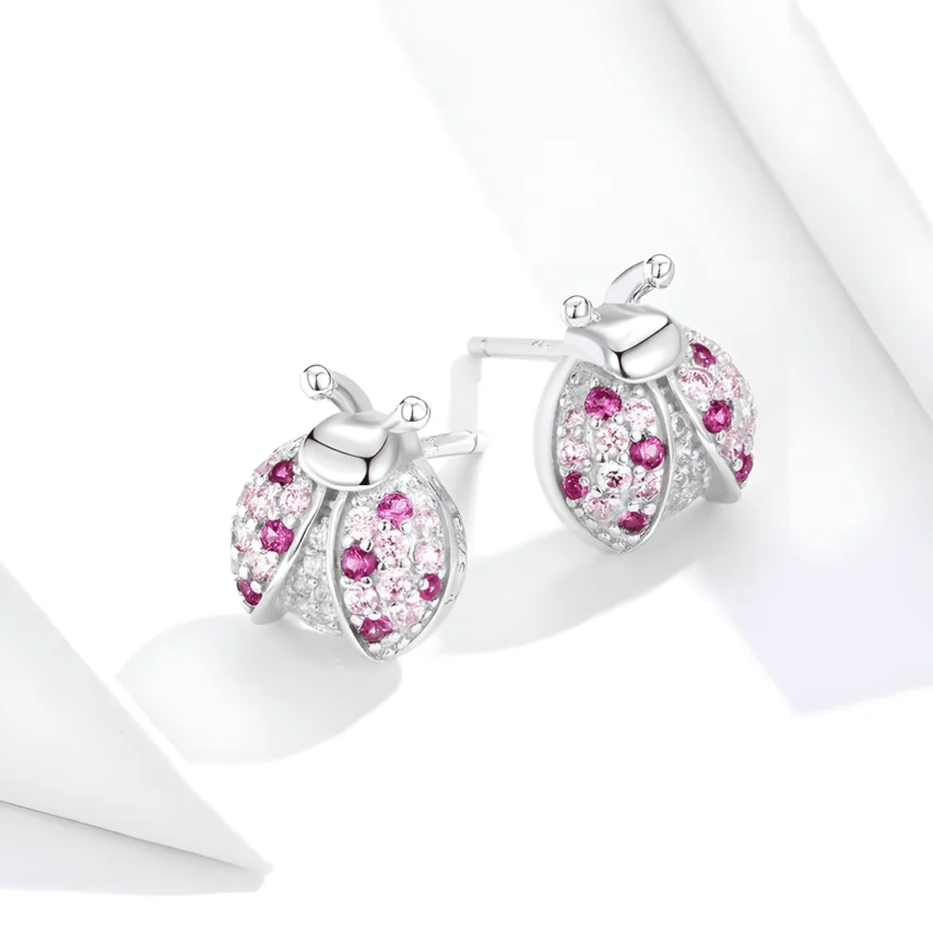 Pendientes de Botón Mariquitas <myexti><span>Plata de Ley 925, chapada en oro blanco, con circonitas rosas y blancas</span></myexti> - Imagen 3