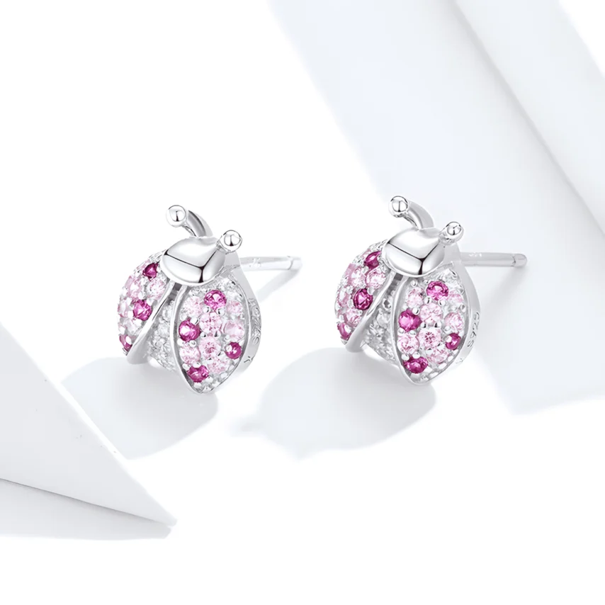 Pendientes de Botón Mariquitas <myexti><span>Plata de Ley 925, chapada en oro blanco, con circonitas rosas y blancas</span></myexti> - Imagen 4