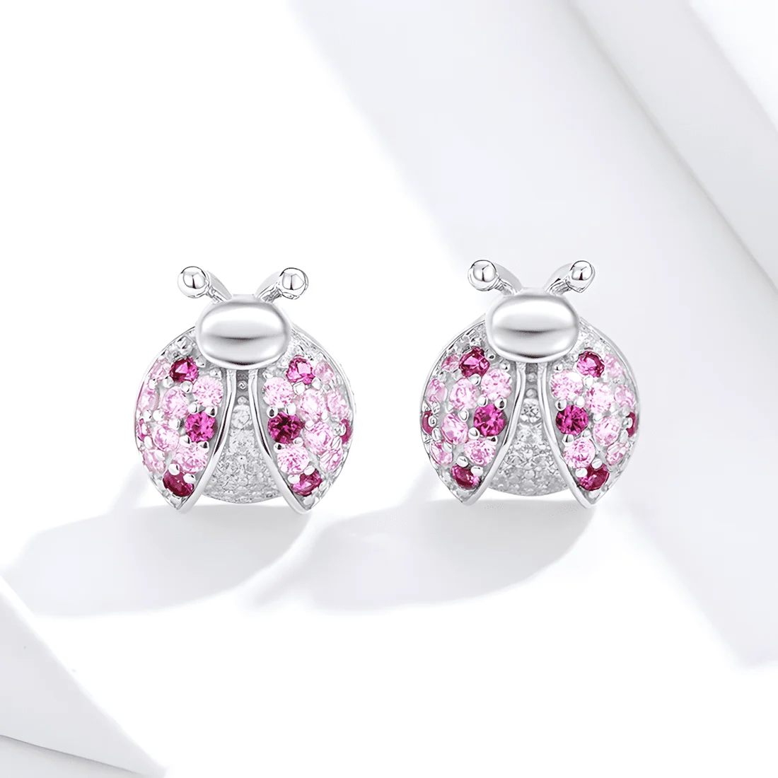 Pendientes de Botón Mariquitas <myexti><span>Plata de Ley 925, chapada en oro blanco, con circonitas rosas y blancas</span></myexti> - Imagen 5