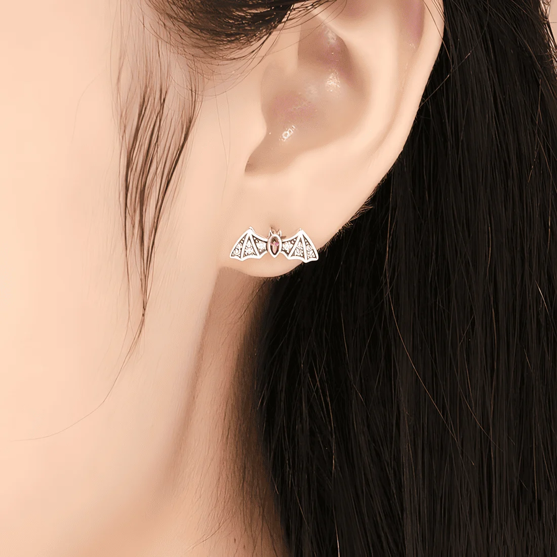 Pendientes de Botón Murciélagos <myexti><span>Plata de Ley 925, chapada en oro blanco, con circonitas blancas y rojas</span></myexti> - Imagen 2