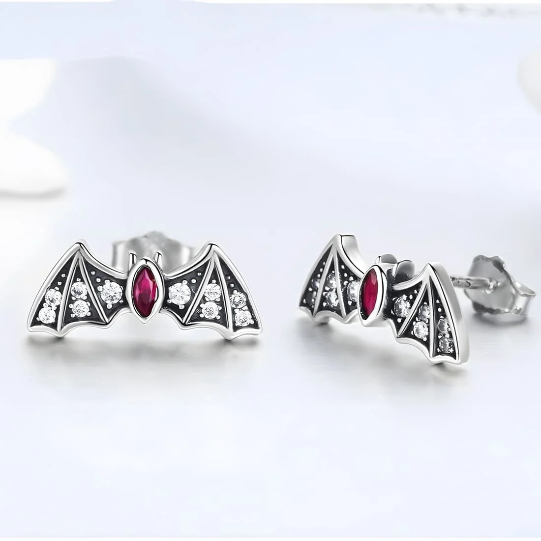 Pendientes de Botón Murciélagos <myexti><span>Plata de Ley 925, chapada en oro blanco, con circonitas blancas y rojas</span></myexti> - Imagen 3