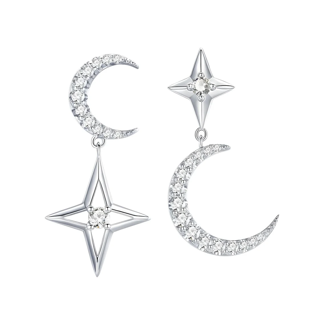 Pendientes Colgantes de Luna y Estrellas <myexti><span>Plata de Ley 925, chapada en oro blanco, asimétricos con circonitas</span></myexti>