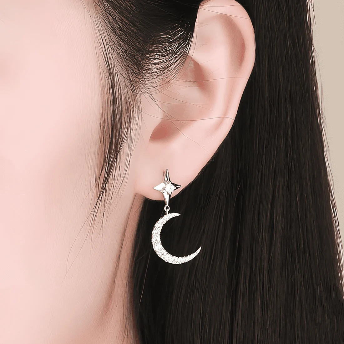 Pendientes Colgantes de Luna y Estrellas <myexti><span>Plata de Ley 925, chapada en oro blanco, asimétricos con circonitas</span></myexti> - Imagen 2