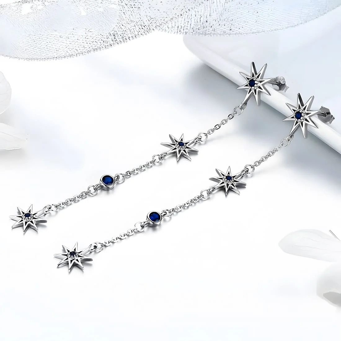 Pendientes Colgantes de Estrellas Colgantes <myexti><span>Plata de Ley 925, chapada en oro blanco, con circonitas azules</span></myexti> - Imagen 3