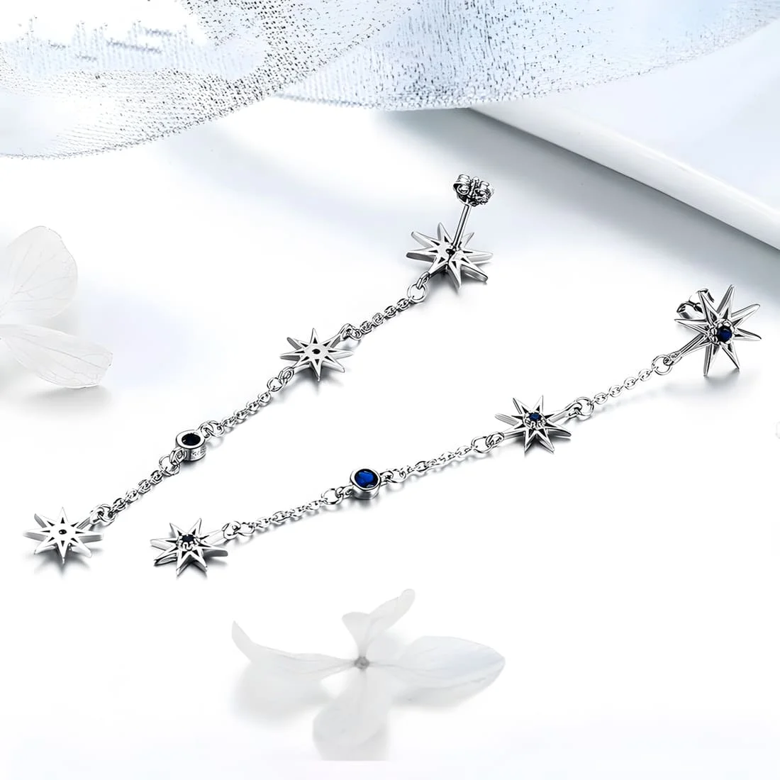 Pendientes Colgantes de Estrellas Colgantes <myexti><span>Plata de Ley 925, chapada en oro blanco, con circonitas azules</span></myexti> - Imagen 4