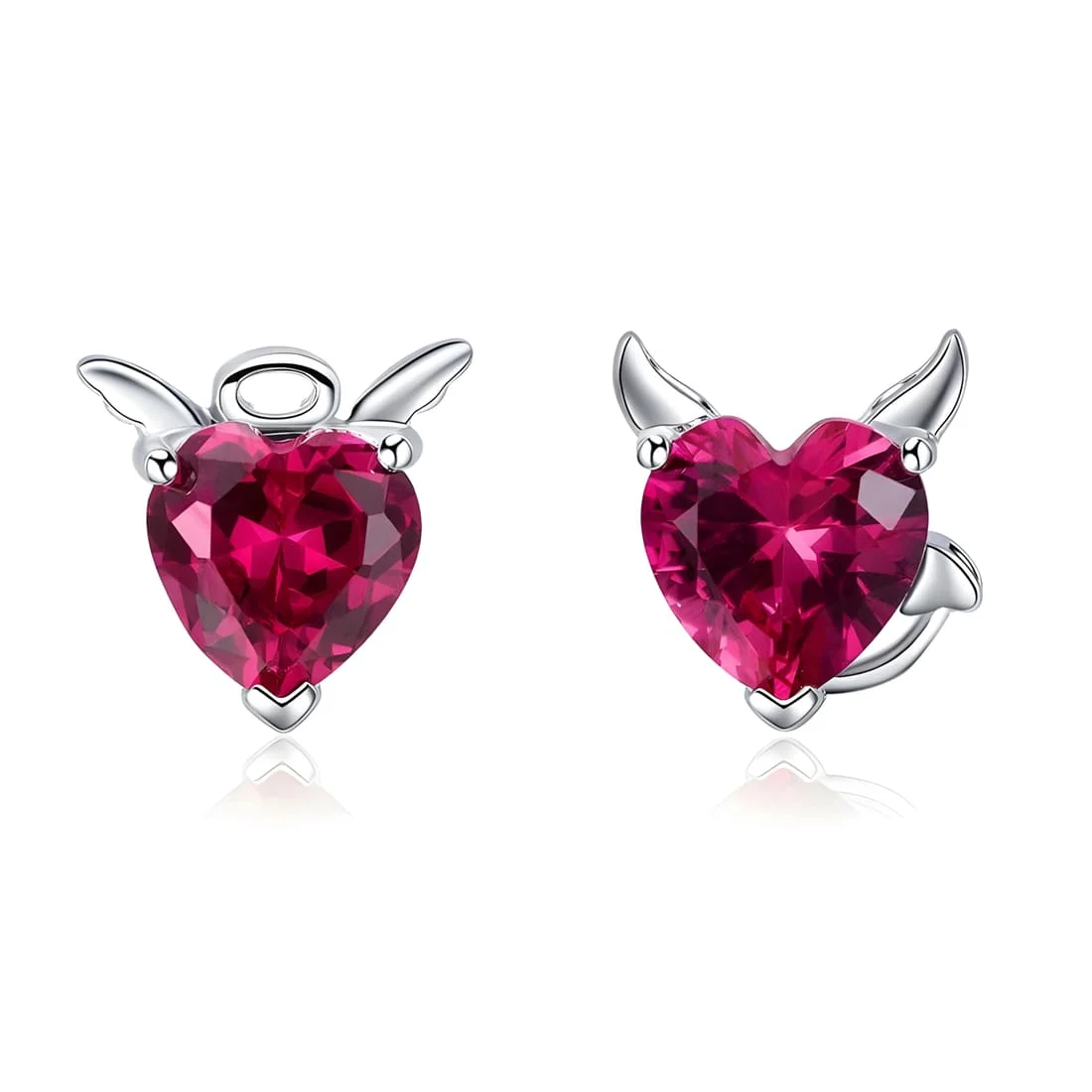 Pendientes de Corazones Ángel y Diablo <myexti><span>Plata de Ley 925, chapada en oro blanco, asimétricos, con circonitas rojas</span></myexti>