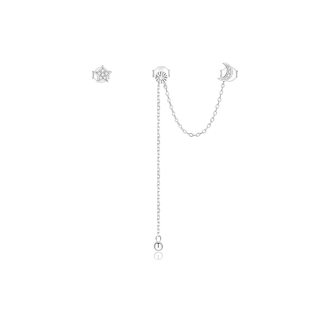 Pendientes de Botón Luna y Estrellas <myexti><span>Plata de Ley 925, chapada en oro blanco, asimétricos con colgante de cadena y circonitas</span></myexti>