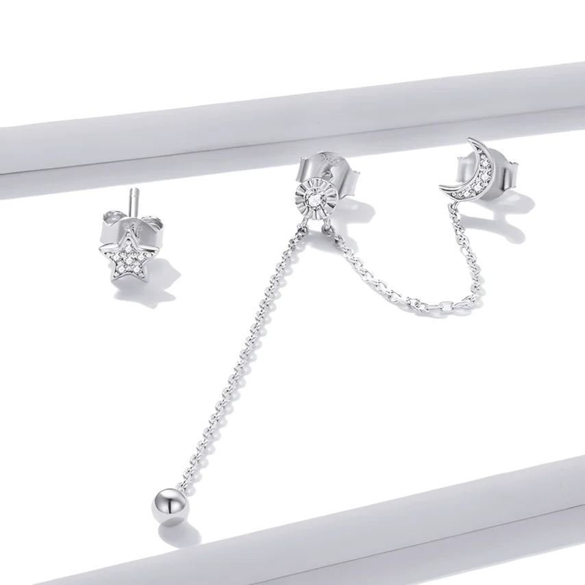 Pendientes de Botón Luna y Estrellas <myexti><span>Plata de Ley 925, chapada en oro blanco, asimétricos con colgante de cadena y circonitas</span></myexti> - Imagen 4