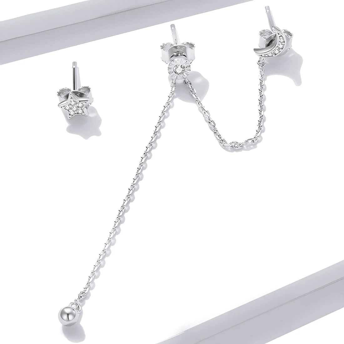 Pendientes de Botón Luna y Estrellas <myexti><span>Plata de Ley 925, chapada en oro blanco, asimétricos con colgante de cadena y circonitas</span></myexti> - Imagen 5