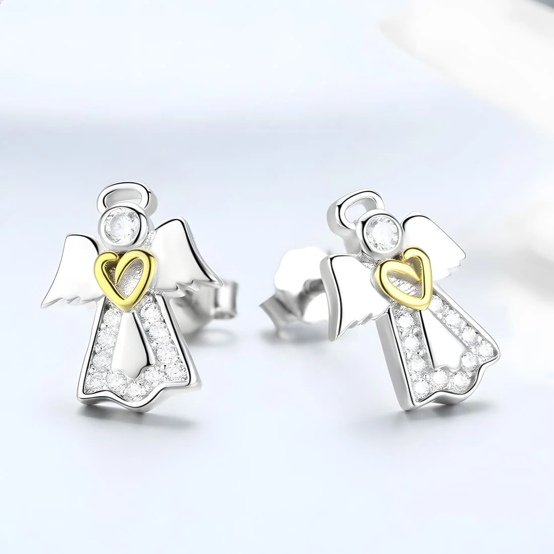 Pendientes de Ángel <myexti><span>Plata de Ley 925, chapada en oro blanco, con circonitas y corazones chapados en oro amarillo</span></myexti> - Imagen 3