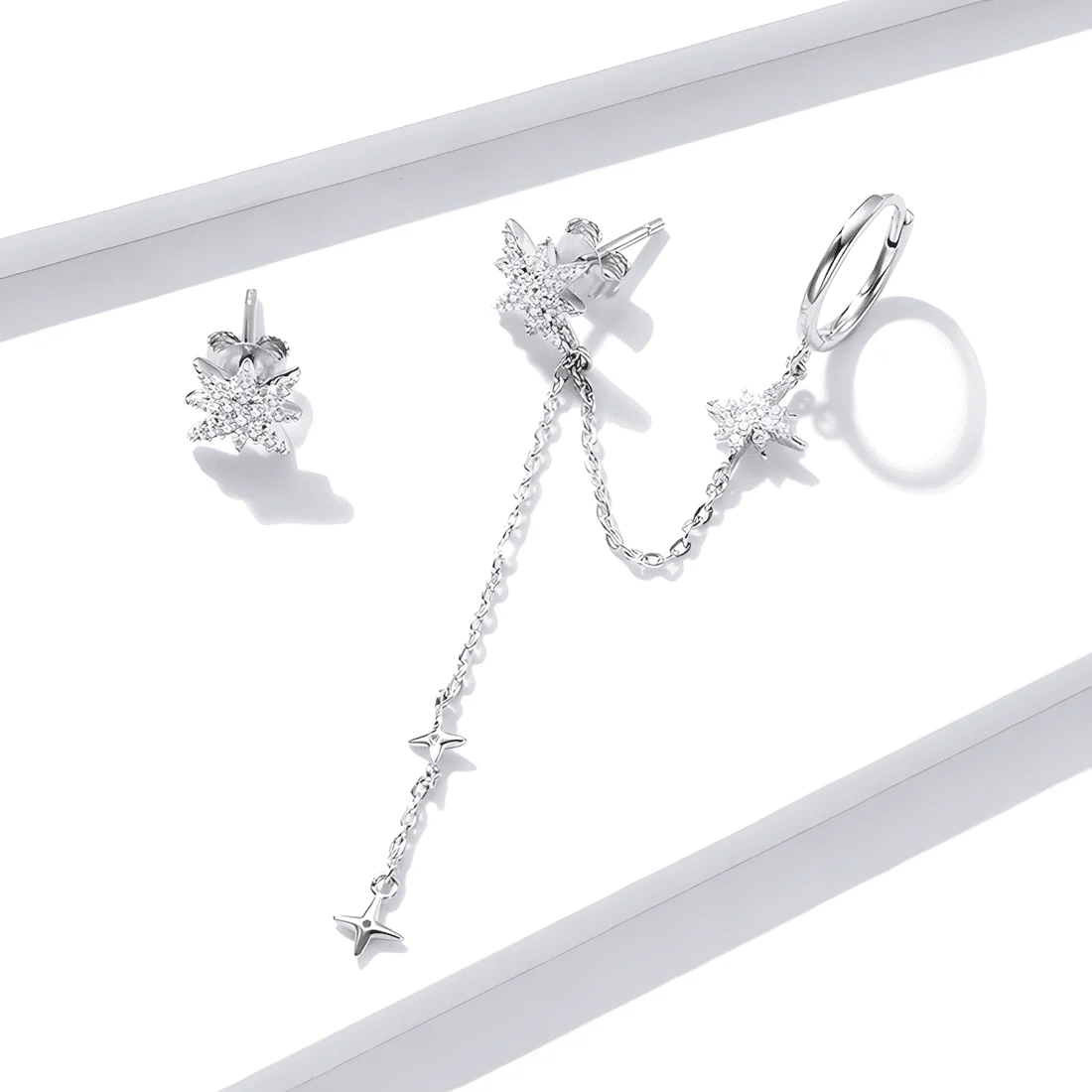 Pendientes de Botón Estrellas <myexti><span>Plata de Ley 925, chapada en oro blanco, asimétricos con colgante de cadena y circonitas</span></myexti> - Imagen 4