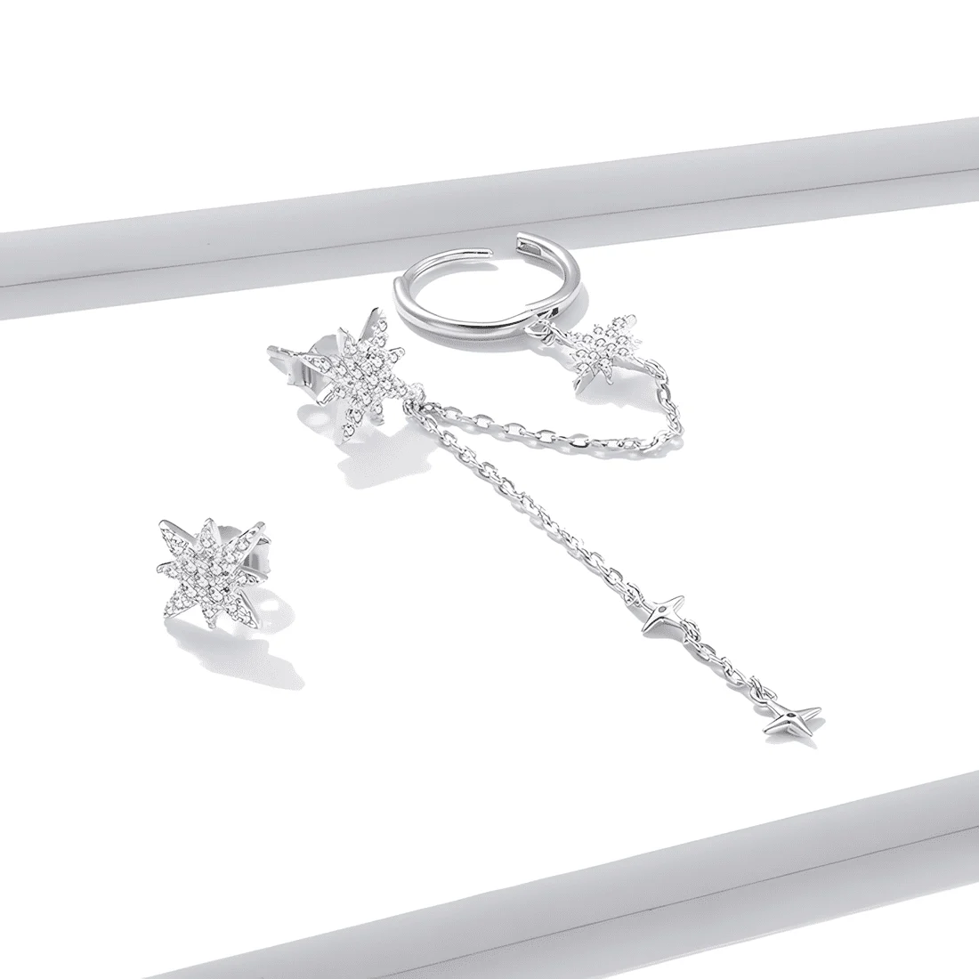 Pendientes de Botón Estrellas <myexti><span>Plata de Ley 925, chapada en oro blanco, asimétricos con colgante de cadena y circonitas</span></myexti> - Imagen 5