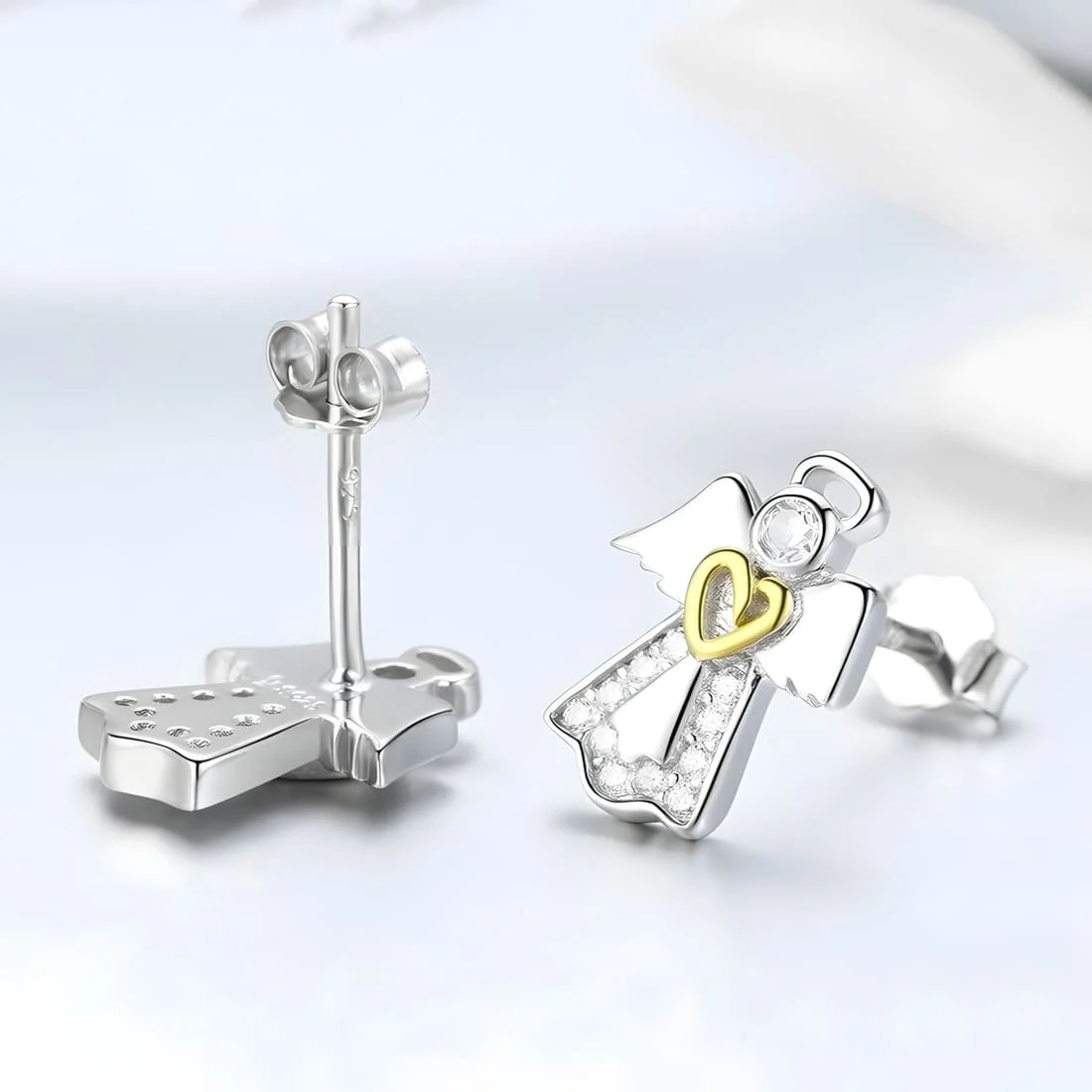 Pendientes de Ángel <myexti><span>Plata de Ley 925, chapada en oro blanco, con circonitas y corazones chapados en oro amarillo</span></myexti> - Imagen 5