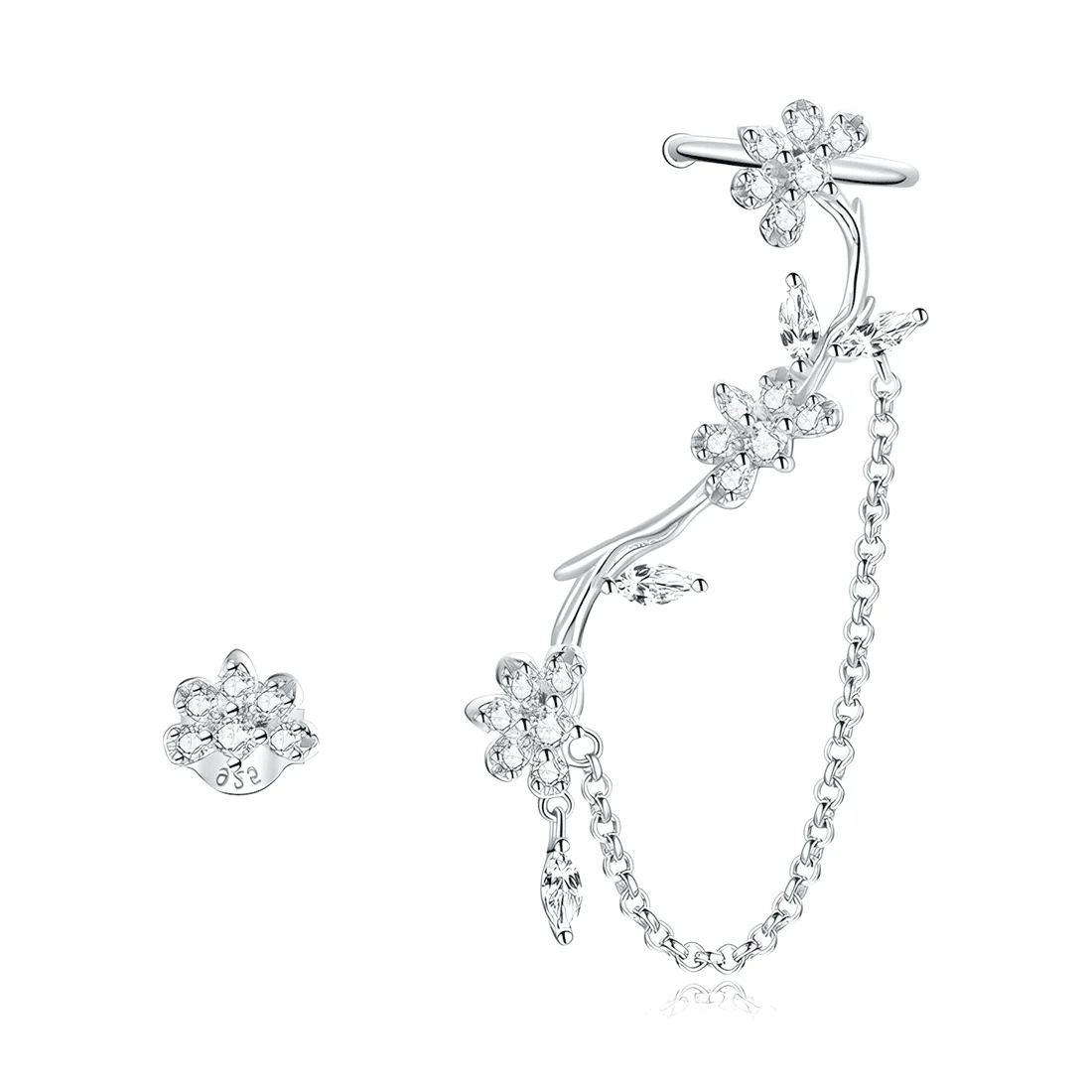 Pendientes de Flores <myexti><span>Plata de Ley 925, chapada en oro blanco, asimétricos con circonitas</span></myexti>