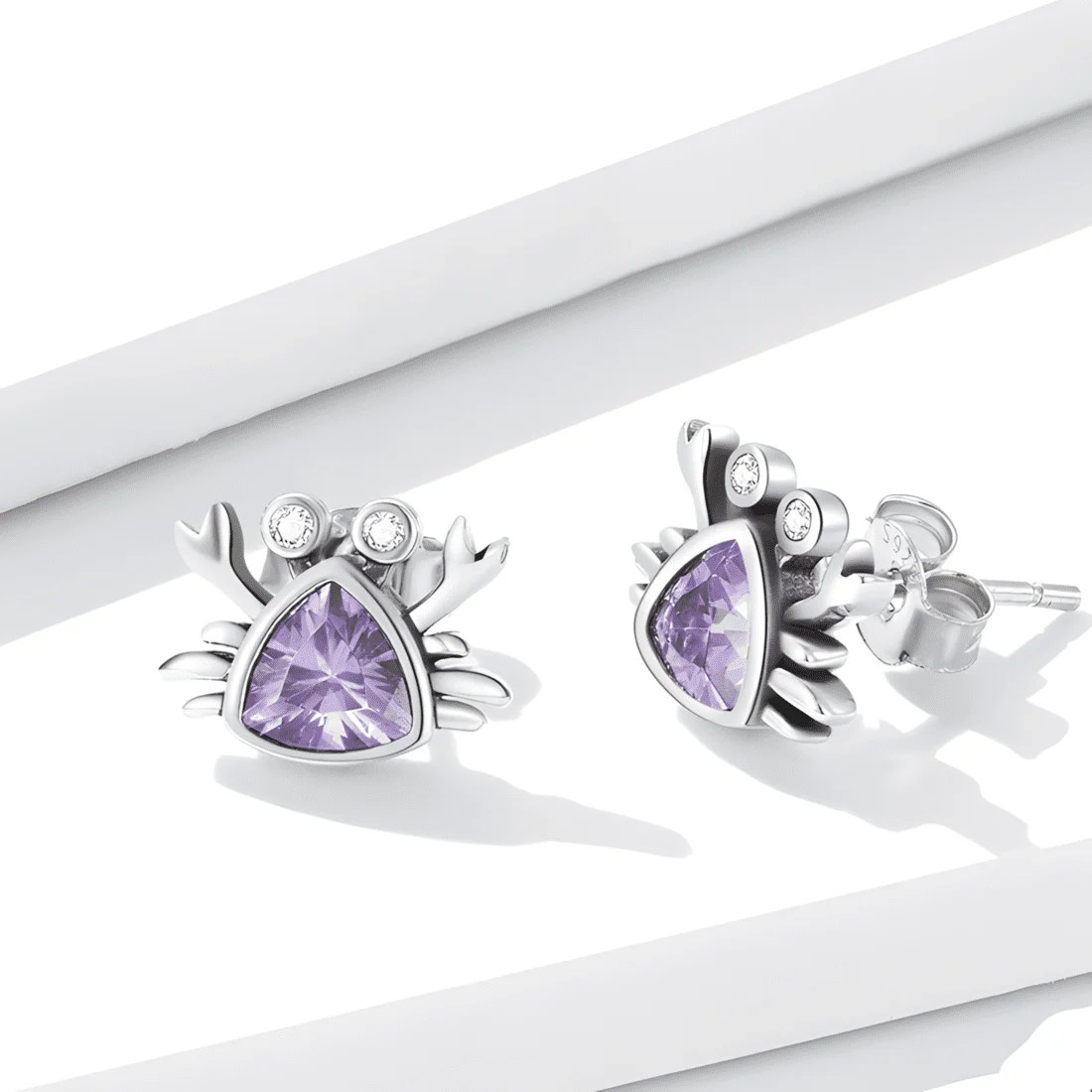 Pendientes de Botón Cangrejo <myexti><span>Plata de Ley 925, chapada en oro blanco, con circonitas púrpuras</span></myexti> - Imagen 3