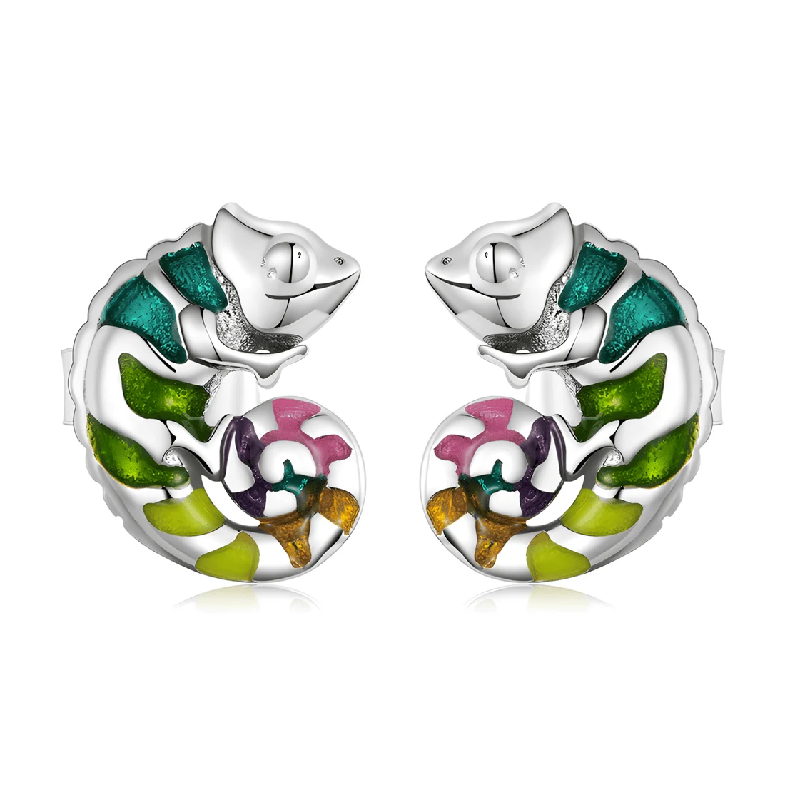 Pendientes de Botón Camaleón <myexti><span>Plata de Ley 925, chapada en oro blanco, esmaltados a mano</span></myexti>