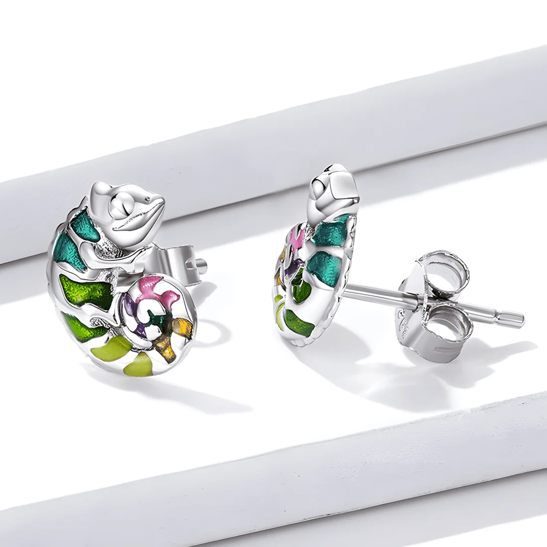 Pendientes de Botón Camaleón <myexti><span>Plata de Ley 925, chapada en oro blanco, esmaltados a mano</span></myexti> - Imagen 4