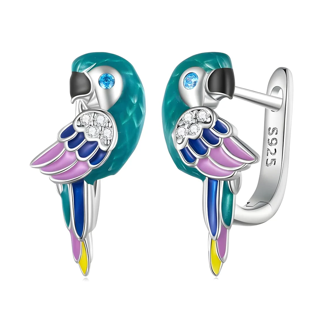 Pendientes de Botón Loro <myexti><span>Plata de Ley 925, chapada en oro blanco, esmaltados a mano con circonitas de colores</span></myexti>