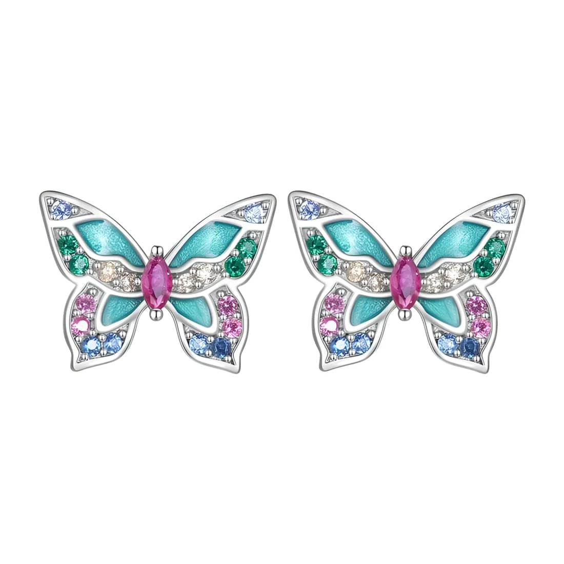 Pendientes de Botón Mariposas <myexti><span>Plata de Ley 925, chapada en oro blanco, esmaltados a mano, con circonitas de colores</span></myexti>