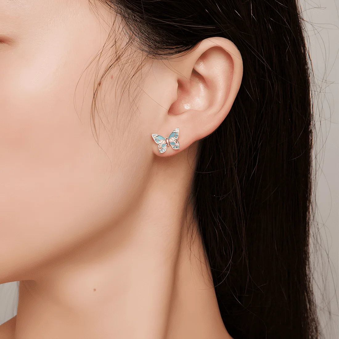 Pendientes de Botón Mariposas <myexti><span>Plata de Ley 925, chapada en oro blanco, esmaltados a mano, con circonitas de colores</span></myexti> - Imagen 2