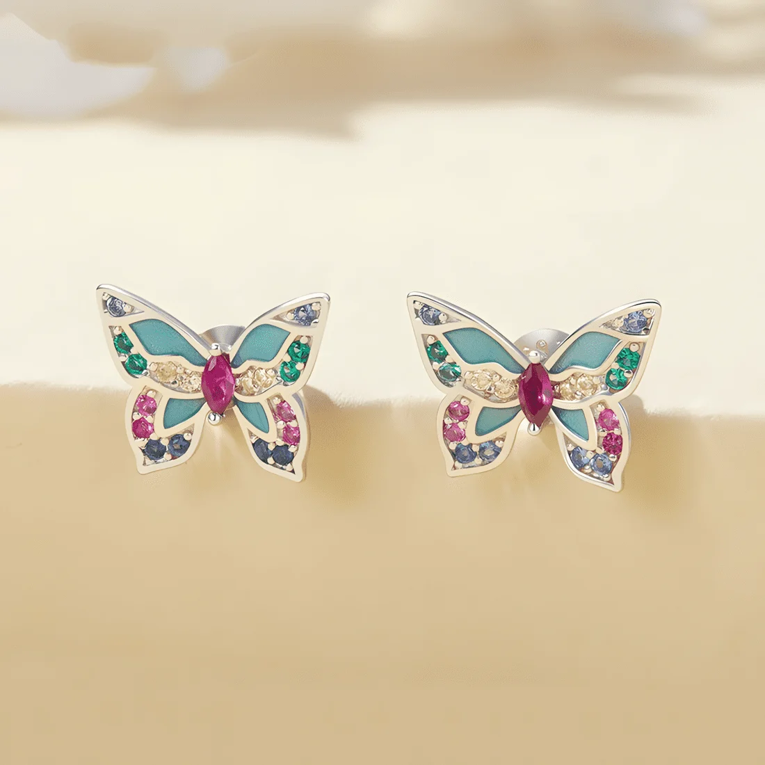Pendientes de Botón Mariposas <myexti><span>Plata de Ley 925, chapada en oro blanco, esmaltados a mano, con circonitas de colores</span></myexti> - Imagen 3
